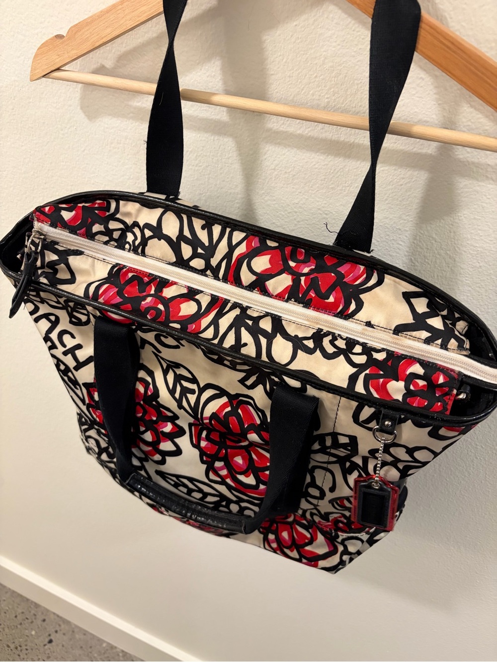 Coach Floral Satin Tote Bag in Cream, Black & Red - Picture 3 of 7